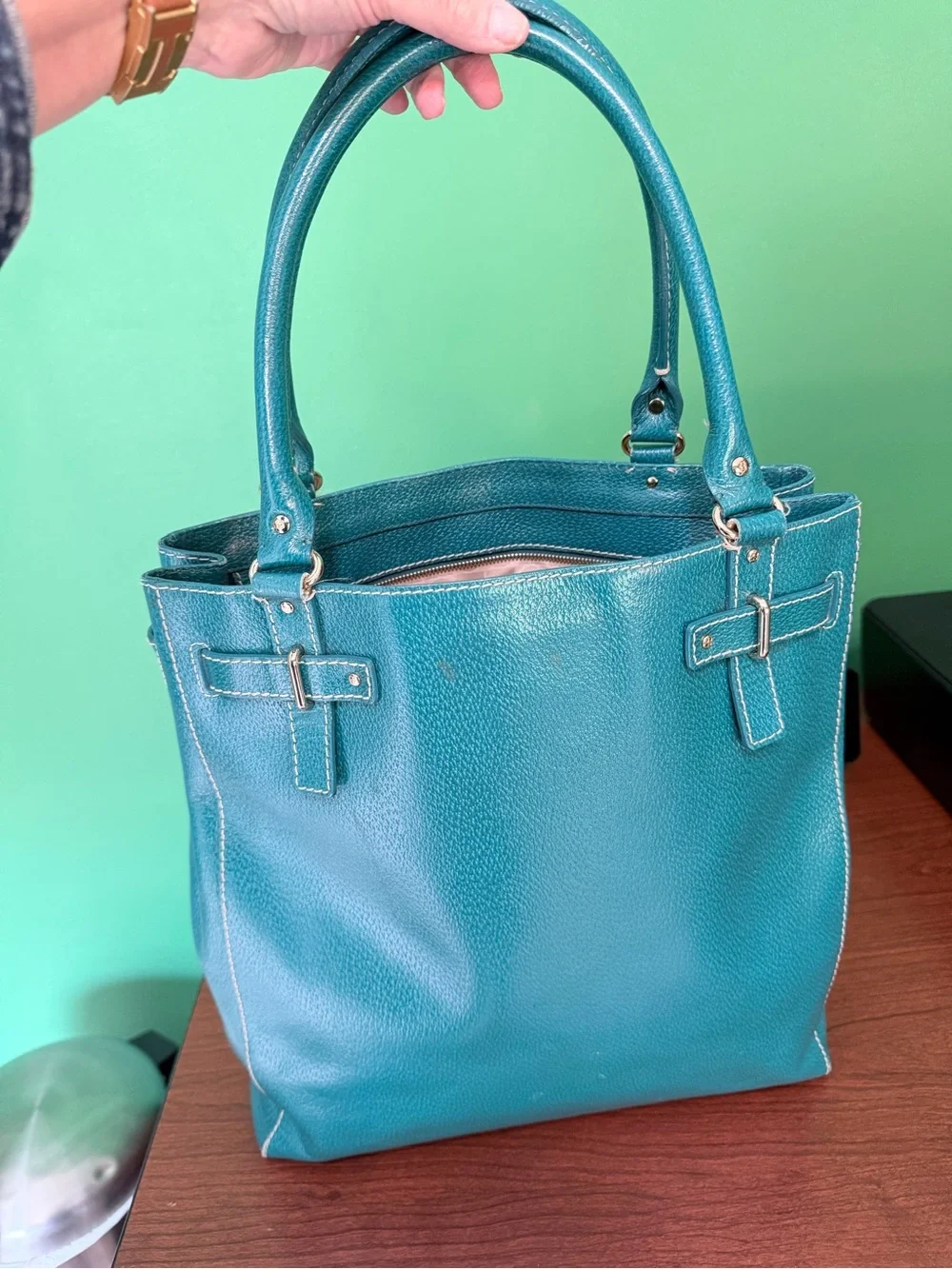 kate spade Teal Leather Tote with Gold Hardware